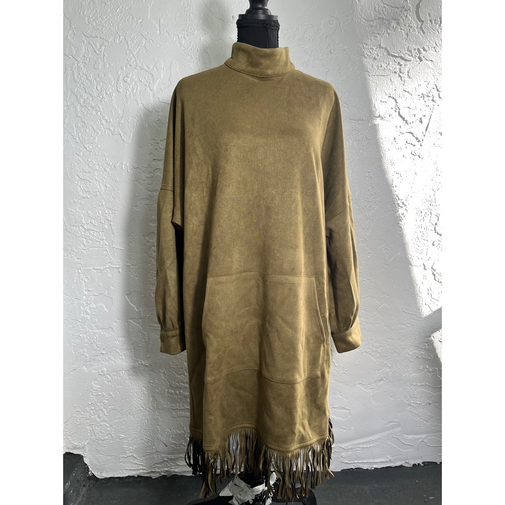 NWT StyleWe Women's M Olive Faux Suede Fringe Turtleneck Midi Dress